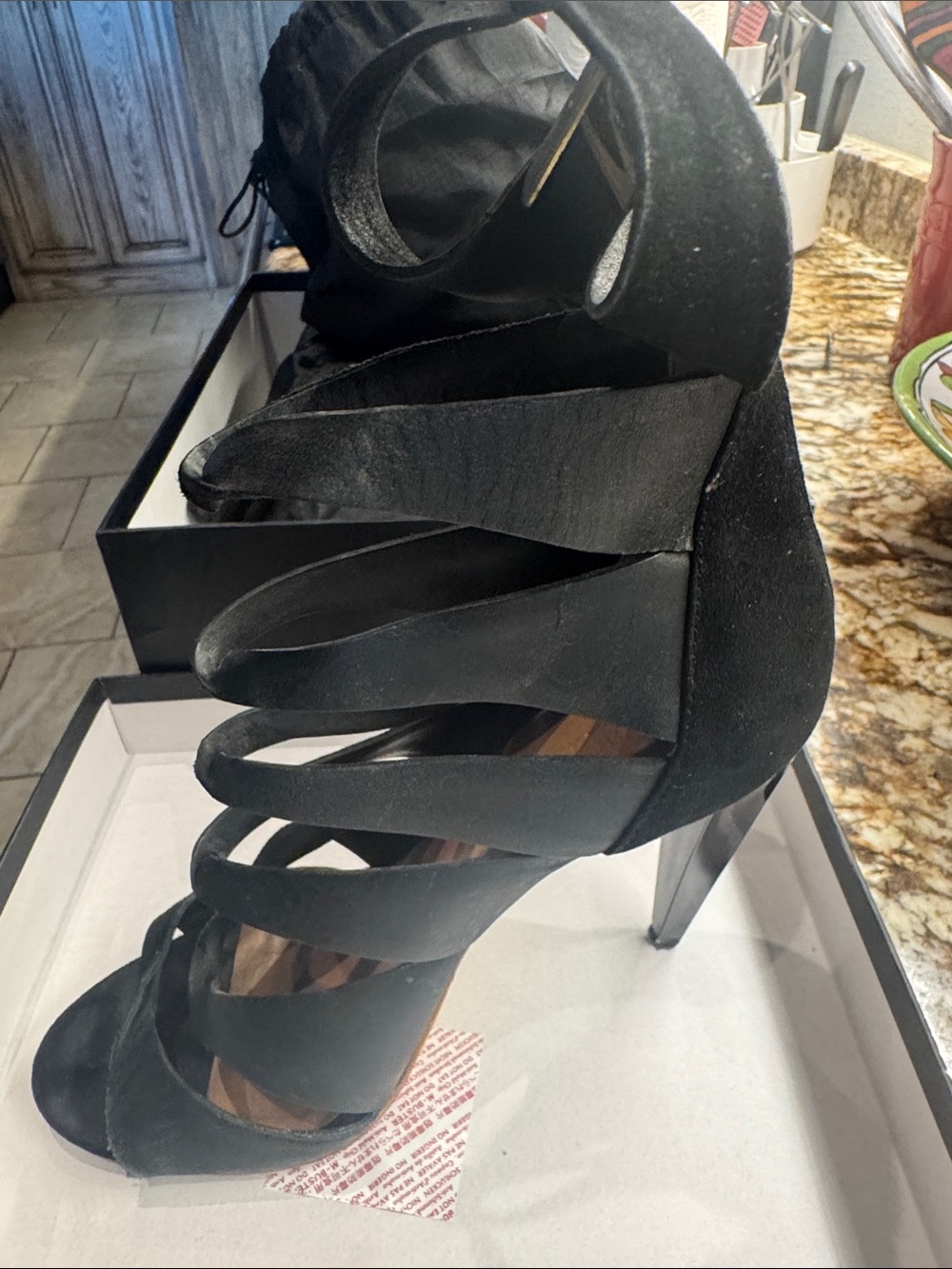 L.A.M.B. Black Multi-Strap Stiletto Sandals